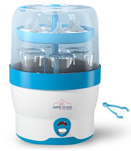 Safe-O-Kid Steriwave 6 Bottles with One Year Warranty, Advanced Auto Shut Feature After 8 Minutes, Electric Steam Sterilizer, Suitable for Feeding Bottles, Breast Pump and Large Capacity- Blue