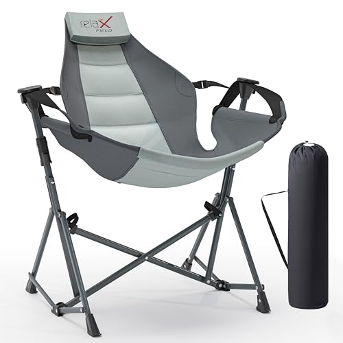 Hammock Camping Chair, 3 Heights Swinging Chair with Adjustable Backrest, Folding Rocking Chair with Head Pillow&Cup Holder, Outdoor Chair for Camping and Hiking, Supports 350lbs, Grey