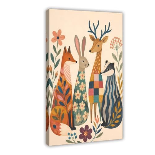 Toile bohéme animal de la forêt orange bleu 40x60 cm pour chambre enfant