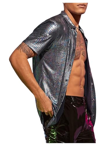 WDIRARA Men's 70s Sparkly Disco Top Crocodile Pattern Metallic Rave Button Down Shirt Short Sleeve Party T Shirt3
