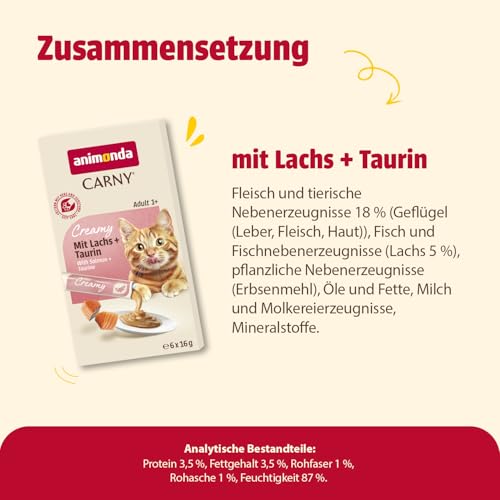 animonda Carny Creamy Katzensnack (6 x 15g), Premium Katzensnack für anspruchsvolle Feinschmecker mit zartem Lachs und wertvollem Taurin