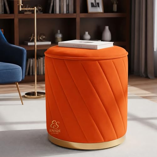 Image of Luxury Round Velvet Ottoman Stool with Gold Base - Modern Upholstered Footrest Pouffe, Tufted Vanity Seat, Living Room Bedroom Dressing Stool (Orange)