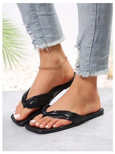 Image of GORGLITTER Women's Flip Flops Flat Sandals Dressy Metallic Square Toe Thong Vacation Summer Weeding Slides Sandals