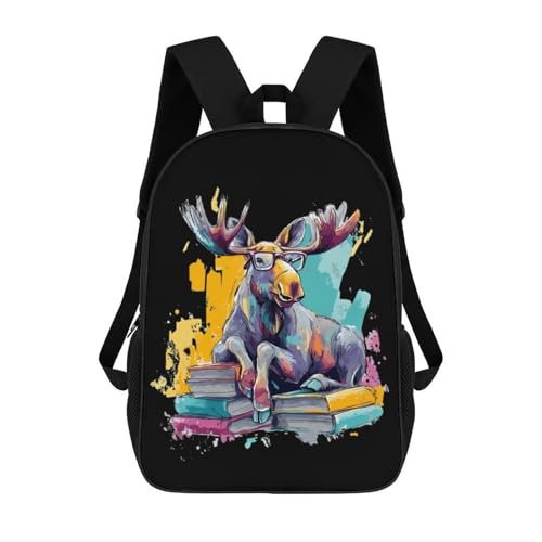 Moose With Books Classic 17 Inch Backpack Travel Daypack Casual Shoulder Bag with Adjustable Strap for Men Women