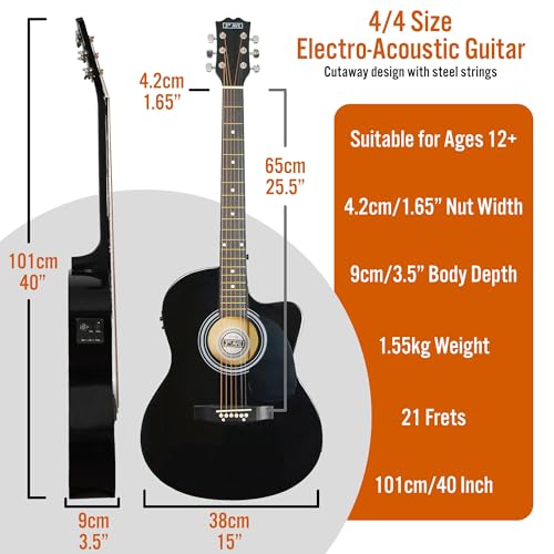 Image of 3rd Avenue Full Size 4 /4 Cutaway Electro Acoustic Guitar Pack Bundle for Beginners with Built-in Tuner and EQ - Black