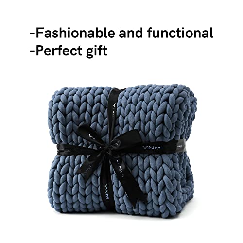 YnM Knitted Weighted Blanket, Hand Made Chunky Knit Weighted Throw Blanket for Sleep or Home Décor (Denim Blue, 80x87 Inch, 25lbs)