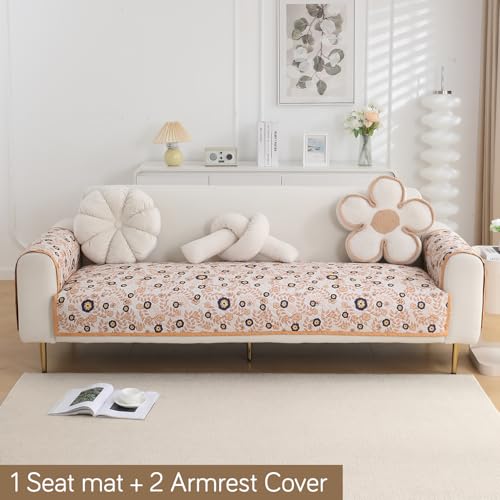 Image of HOKIPO 'HomeHues Series' Printed Quilted Sofa Seat Mat for 3 Seater Sofa with 2 Armrest Covers with Pockets, Light Peach Candytuft (IN-809-D6 + IN-814-D6*2)