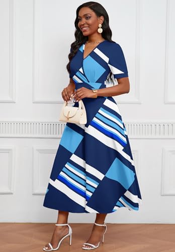 Image of MarryUP Women's Midi Dresses - V Neck Cocktail & Church Tea Dresses - Short Sleeve A-Line Swing Dress