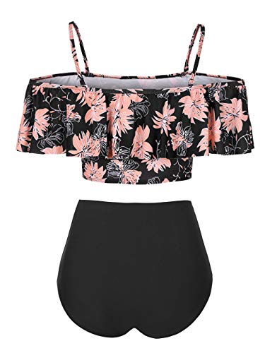 Kaei&Shi Strapless,Strappy Swimwear,Floral High Waisted Flounce Bikini Set,Tummy Control Swimsuits For Women,Off Shoulder Bathing Suit Black Flower Large #TOP1