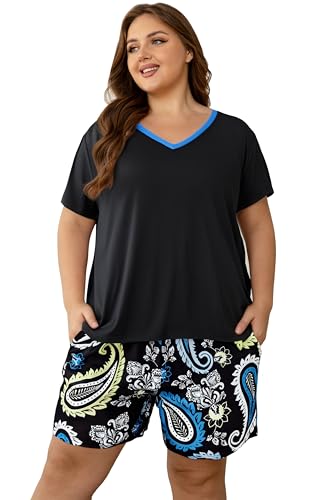 Image of Vozanet Women's Short Sleeve Top and Shorts Pajama Sets Plus Size V Neck Colorful Flower Nighty Loungewear With TWO Pockets