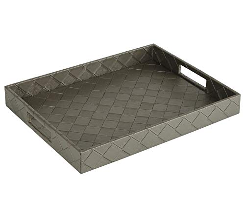 Faux Leather Rectangular Elegant Food Serving Tray with Handles for Ottoman Restaurant Home, Silver Grey, 16.2 x 12.2 x 2 inches