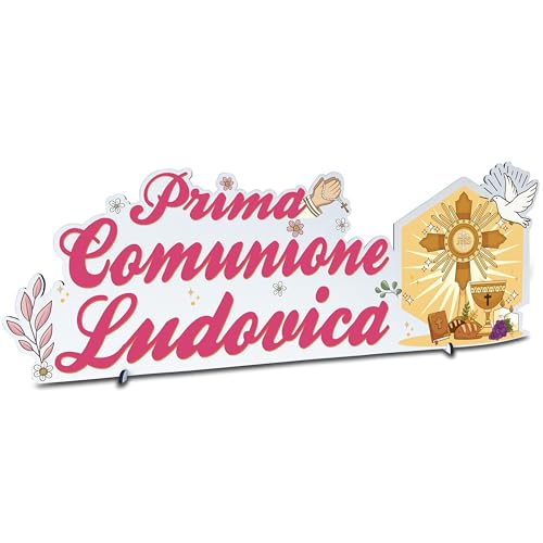 STAMPATEK Centrotavola Prima Comunione Personalizzato con Nome – Decorazione Tavola Comunione Bambina – Allestimento Festa Religiosa – Ricordo Elegante in Legno 60x21 cm DS4 RS