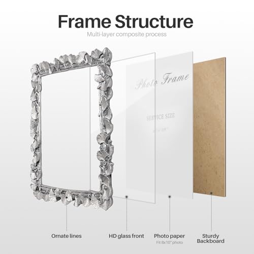 Silver 8x10 Picture Frame, Vintage Silver Ornate Leaf Textured Hand-Crafted Resin with Glass Front Antique Photo Frame for Tabletop Display, Retro Design Home Decor