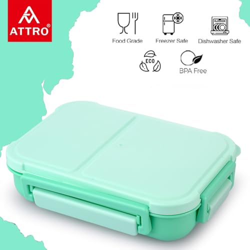 Image of ATTRO Gourmet 2 Compartment Lunch Box Portable Meal Organizer for Office, School BPA-Free, Food Grade, Freezersafe, Microwave & Oven Safe 1200ml Mint Green, Plastic