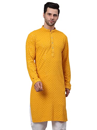 Image of Jompers Men's Regular Fit Cotton Chikankari Embroidered and Sequence Kurtas