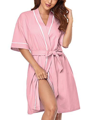 COLORFULLEAF Women's 100% Cotton Robes Summer Short Sleeve Bathrobe Knee Length Sleepwear with Pockets