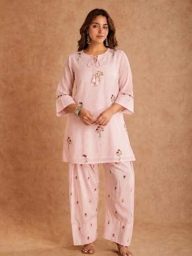 Image of ANNI Designer Farshi Salwar Suit for Women Viscose Embroidered | Co Ord Set for Woman | Straight Kurta Palazzo Outfit Round Neck V Slit 3 /4 Sleeve Ethnic Dress Womens Clothing