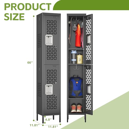 Image of SUPEER 2 Doors Metal Lockers for School,66 inch Tall Metal Storage Lockers with 6 Hooks and 2 Shelves,Standing Narrow Lockers for Gym,Home,66 inch H x 11.81 inch W x 11.81 inch D,Black,Assembly Required