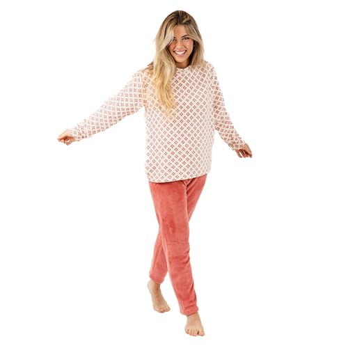 TRAMAS+ Pijama Mujer Invierno, Pijama Coral de Mujer, Conjunto de Camiseta de Manga Larga y Pantalón Largo con Cintura Ajustable Calentito, Conjunto para Mujer - XL, Penolope Rosa
