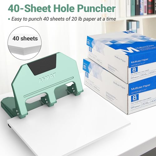 Image of AFMAT 3 Hole Punch, 9 /32 inch Holes, 40-Sheet 3 Hole Puncher for Binder, 50% Reduced Effort, Metal Heavy Duty Three Hole Punch w / 10,000+ Uses, Bulit-in S.S. Paper Guide, Large Chip Tray, Green, HPX3