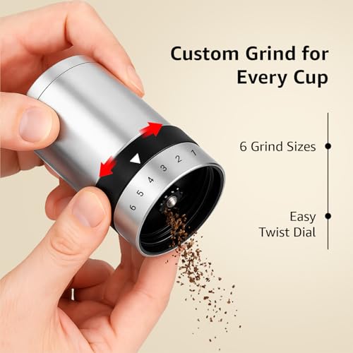 Image of Amazon Basics Manual Coffee Grinder with Ceramic Burr & 6 Adjustable Grind Settings, Glass Jar & Stainless Steel Body, Portable & Lightweight, Ideal for Espresso, French Press, Cold Brew, Silver