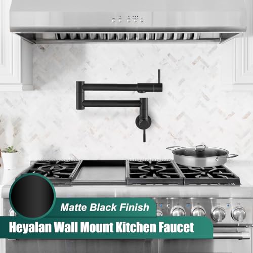Image of Heyalan Pot Filler 19 Inch Wall Mount Folding Stretchable Kitchen Restaurant Faucet Stainless Steel Pot Filler Double Joint Swing Arm Two Handles Commercial NPT,Straight Handle,Matte Black