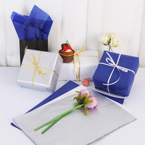 Image of BEISHIDA 90 Sheets Blue White Silver Tissue Paper Bulk, Wrapping Tissue Paper for Gift Bags, 14 x 20 Inch Gift Wrap for Birthday Graduation Wedding DIY Crafts Decor Holiday Flowers