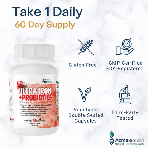 Azmabiotech Ultra-Iron Probiotic Plant-Based Iron And Probiotics 10 Billion Cfu/G, With Vitamin C, Vitamin B12 And Folate, 60 Veggie Capsules #TOP5