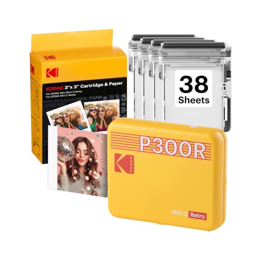 Image of KODAK Mini 3 Retro 3x3 Portable Photo Printer, 4PASS, 38 Sheets, Yellow