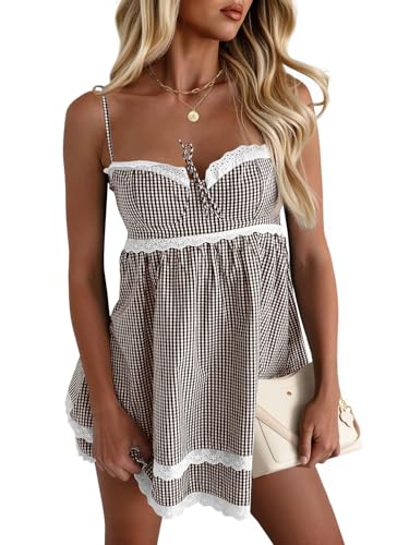 Wenrine Womens Summer Mini Dress Spaghetti Strap Sweetheart Y2K Plaid Lace Trim Tiered Beach Sundress Dresses Brown