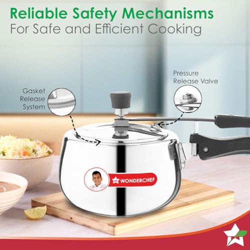 Image of Wonderchef Nigella Triply Stainless Steel Pressure Cooker 3L, Inner Lid, Gas, Induction Compatible & Ceramic Cooktop, ISI Certified, Contour Collection, Uniform Heating, 5-Year Warranty