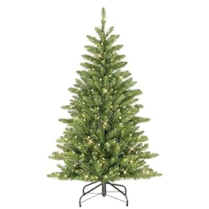 Puleo International 4.5ft Pre-Lit Slim Fraser Fir Christmas Tree with 483 Clear Lights, 150 Realistic Dense Branch Tips, Easy Setup Artificial Trees with Sturdy Metal Stand