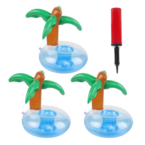 3 Pcs Inflatable Drink Holder Floats, Cute Palm Tree Inflatable Cup Coasters Floating Beer Water Bottle Beverage Holders for Kids Family Pool Party Summer Beach Party Hot Tub Bathing, with Air Pump