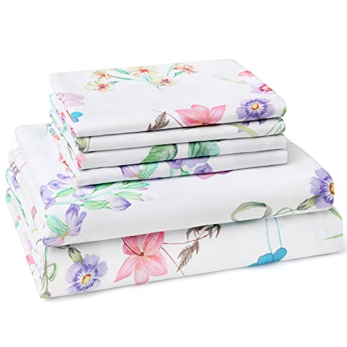 Bysure Pastel Flower Printed Bed Sheets 6 Pieces Set (Queen, 4 Pillowcases & 1 Fitted Sheet & 1 Flat Sheet), Spring Floral Sheets, 15" Deep Pocket Fade-Free Bedding #TOP1