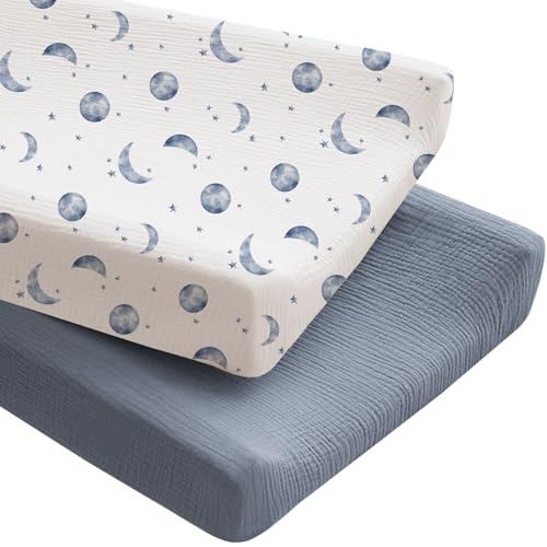 Image of Konssy 2 Pack Muslin Changing Pad Covers for Boys, Ultra Soft & Breathable Cotton Baby Diaper Changing Table Covers, Neutral Nursery Diaper Changing Pad Sheets (Planet,Navy)