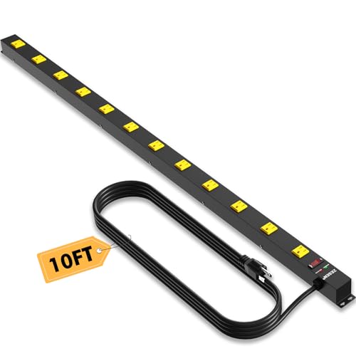 Image of 12 Outlet Industrial Power Strip with 15Ft Cord, 1875W Heavy Duty Metal Power Strip with Wide-Spaced Outlets & Overload Protection, ETL Listed for Garage, Workshop, Office, Home