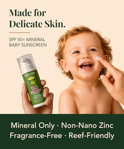 Image of Mineral Baby Sunscreen SPF 50 with Beef Tallow for Face & Body, No White Cast, Non-Nano Zinc Oxide, UVA /UVB Protection, Fragrance Free, Reef Safe, 80 Min Water Resistant, 3.4 fl oz