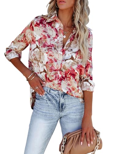Blouses for Women Aesthetic Button Down Shirts Long Sleeve Dressy Casual Floral Tops Fall Outfits for Women 2025 Trendy - Pink Graphic XXL
