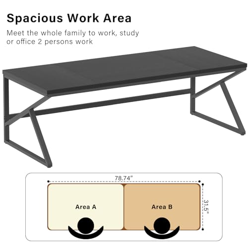 Image of HSH Extra Long Black Computer Desk, 78 inch Large Home Office 2 person Desk, Industrial Metal Wood double Desk for Executive Work Writing Study, Modern Black Bedroom Living Room PC Laptop Gaming Table
