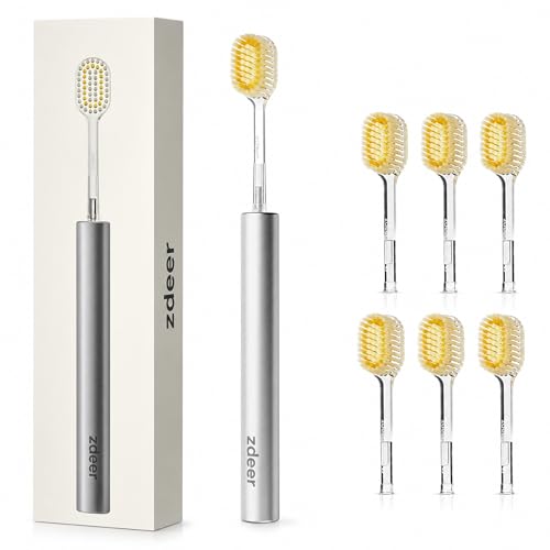 ZDEER Metal Handle Manual Toothbrush with 6 Replaceable Soft Bristle Heads [Sensitive Gum Friendly] Reusable Premium Oral Care Toothbrush Set for Adults Ideal Gift Perfect Present for Birthday