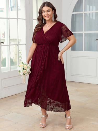 Image of SCOMCHIC Womens Plus Size Wedding Guest Dress Formal Lace Wrap V Neck High Low Short Sleeve Cocktail Maxi Dresses XL-4XL