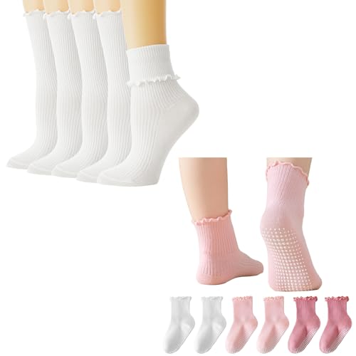 BISOUSOX White Ruffle Socks for Girls, Ruffle Socks Woman Baby Girl Toddler Grip Cute Grippy Frilly Sock 0-6 6-12 Months 1-5T