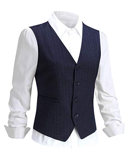Foucome Women's Pinstripe Formal Casual Suit Slim Fit Button Down Vest Waistcoat Blue