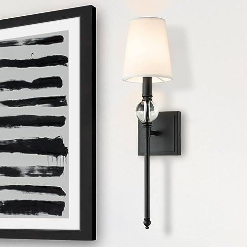 Image of XiNBEi Lighting Black Bathroom Sconces Set of 2 with Crystal Ball Accent | White Fabric Shade, Torch Indoor Wall Light Fixture, Hardwired, For Bedroom Bedside Living Room Kitchen Entryway Stairway