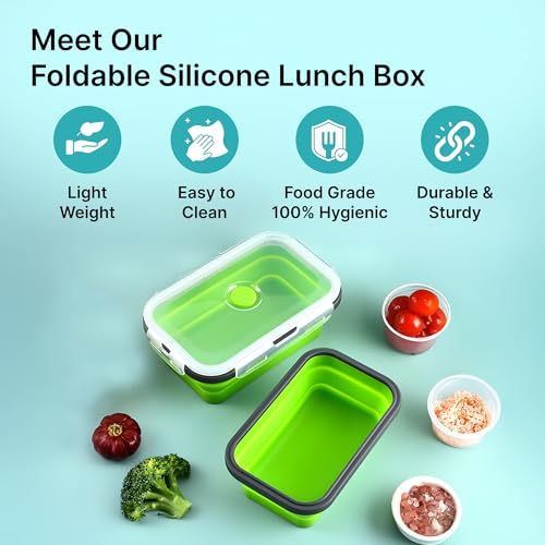 Image of The Better Home | Lunch Boxes | Food Grade Silicone | Airtight Lid Foldable Lunch Box Lightweight for Kids Office School | Pack of 3 1200ml 800ml 500ml | Microwave Safe Green