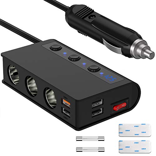 [New Version] Quick Charge 3.0 Cigarette Lighter Adapter, Qidoe 180W 12V/24V 3-Socket Car Power Splitter DC Outlet with 4 USB Ports, LED Display Voltage, Upgraded Independent Power Switch Car Charger