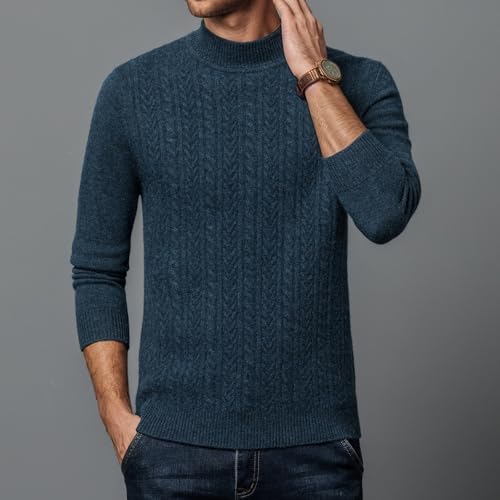 Men's 100% Wool Mock Turtleneck Sweater Casual Knitted Cable Pullover Solid Thermal Sweaters3
