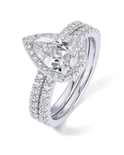 PAVOI Rhodium Plated 1.7CT Pear Cubic Zirconia Eternity Engagement Ring Fake Wedding Bridal Promise Pack for Women - Hidden Halo Ring Set - Size 7