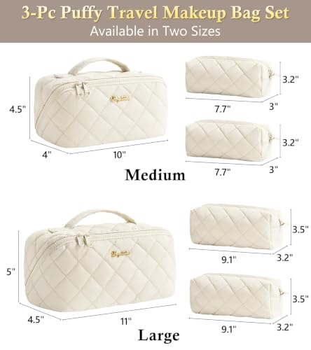 Image of Travel Makeup Bag, Large Capacity Puffy Toiletry & Cosmetic Bag for Women | 3 PCS Open Flat Quilted Makeup Cosmetic Organizer, Waterproof w /Clear Divider Portable Pouch for Skincare Travel Essentials