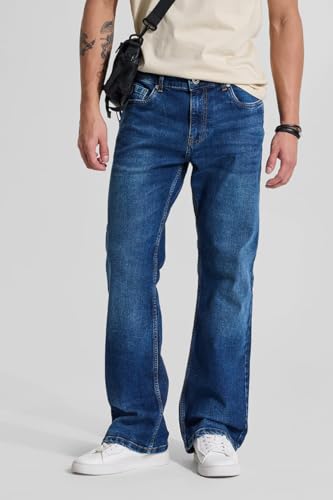 Image of SNITCH Mens Contrast Stitch Coin Pocket Full Length Cotton Lycra Solid Pattern Light Weight Mid Rise Bootcut Jeans